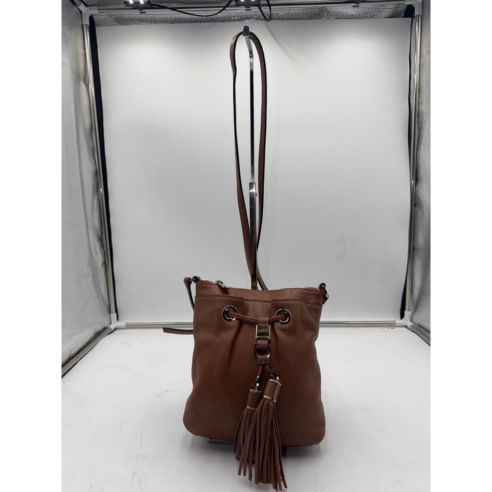 Michael Kors Brown Pebbled Leather Tassel Drawstring Crossbody Bag Acorn Gold - Picture 2 of 16